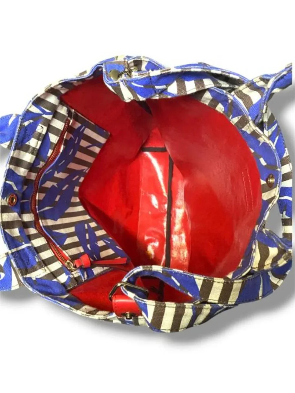 henri bendel Blue Leaf Print Striped Tote with Red Accent